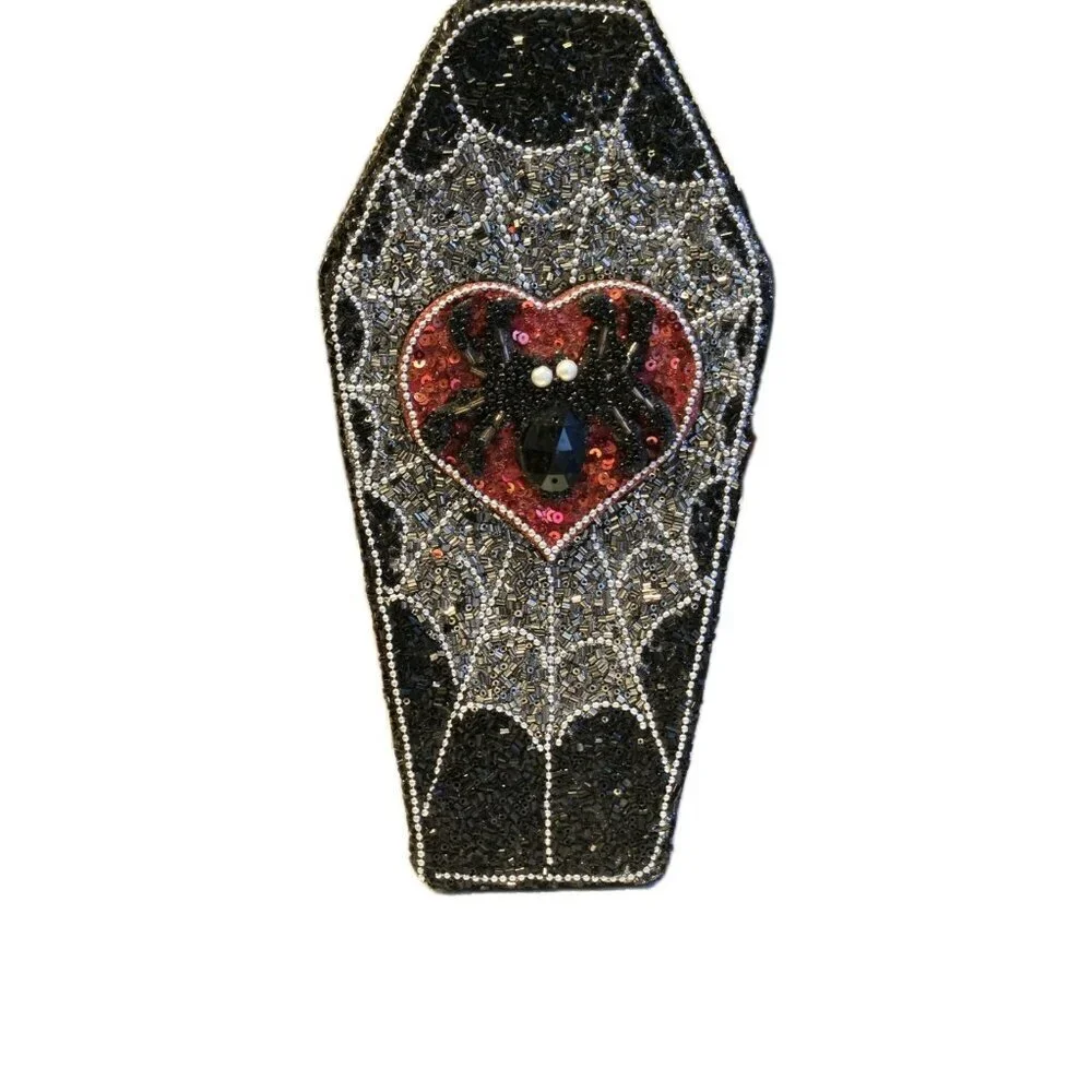 New LRG Black & Red Spider On Heart Halloween Beaded Coffin Box Storage Box